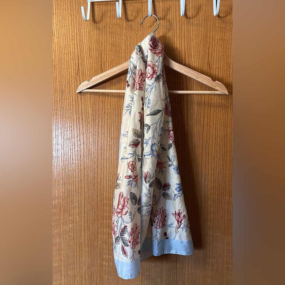 Echo vintage silk scarf with red, pink and blue floral accents.